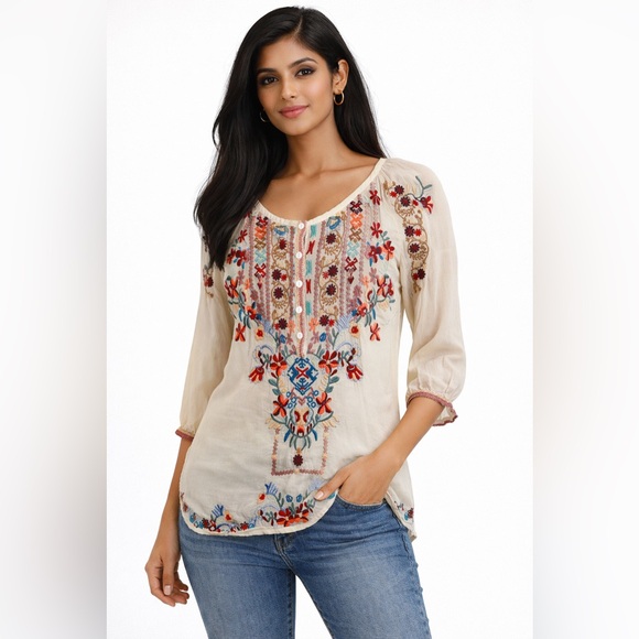 Johnny Was Tops - Johnny Was Dolora Scoop Neck Embroidered Shirt Top | Size Small